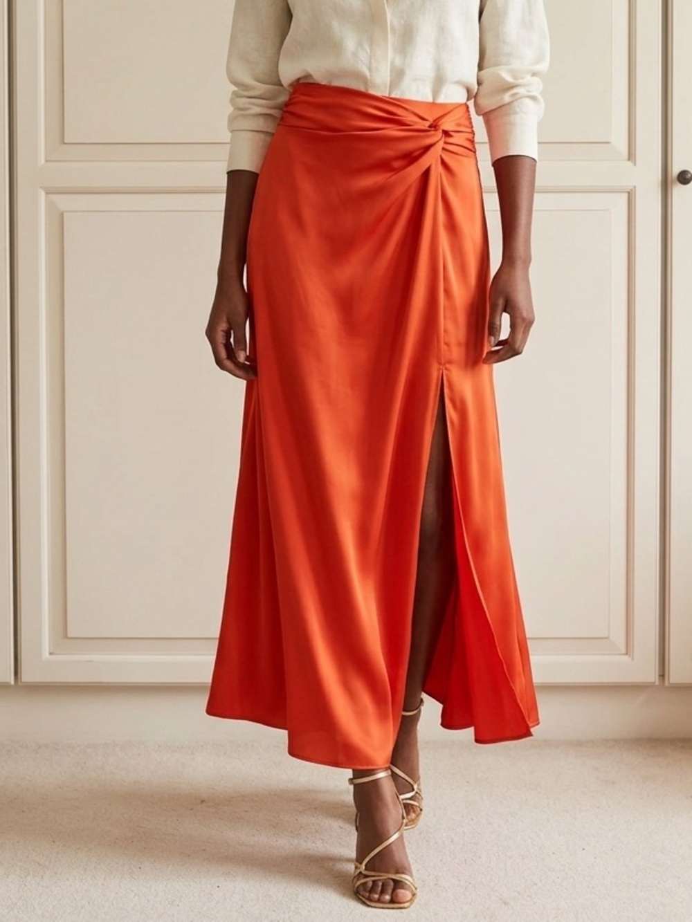Silvia Tcherassi Orange Satin Maxi Skirt with Front Slit